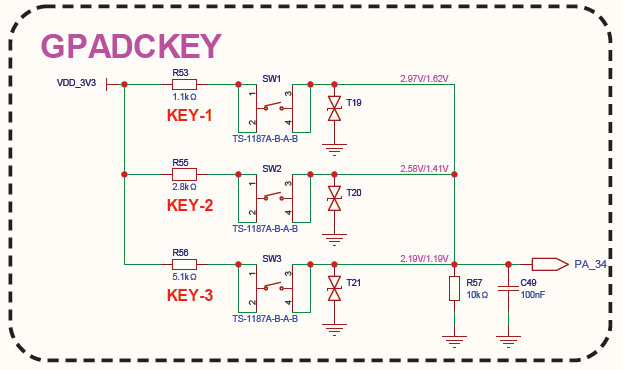 PA34 power key and GPADC resistor-ladder key reference circuit